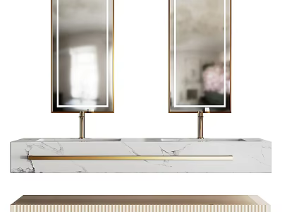 Modern Bathroom Vanity With Double Gold Framed Mirrors And Marble Countertop 3d model
