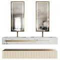 Modern Bathroom Vanity With Double Gold Framed Mirrors And Marble Countertop