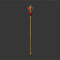Ornate Golden Scepter with Red and Black Decorative Top and Red Gemstone Base