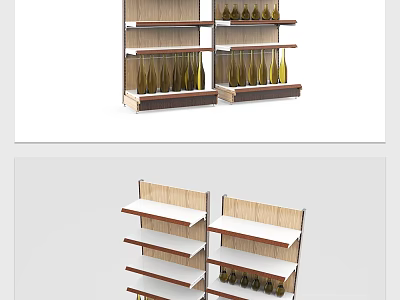 Modern Wooden Display Shelves With Wine Bottles Arranged On Multiple Layers 3d model