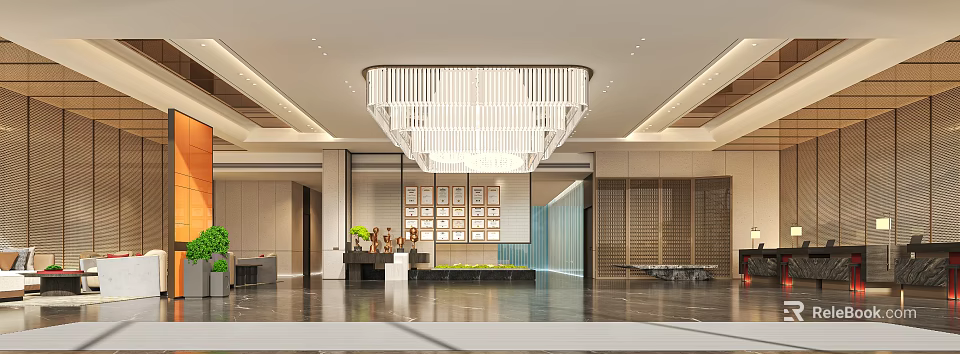 Modern Hotel Lobby Interior Design With Large White Chandelier Reception Desk And Wooden Decor 3d model 