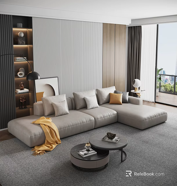 Modern Sectional Sofa Interior With Plush Pillows Soft Throw Blanket And Round Coffee Table 3d model