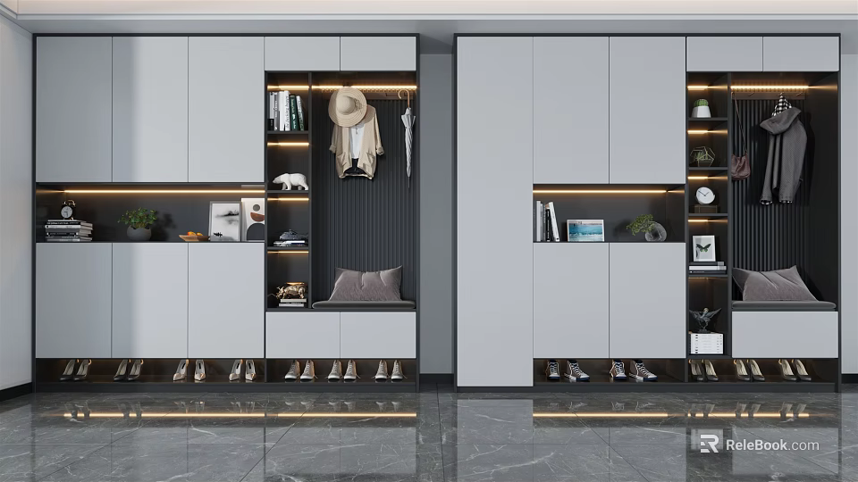 Modern Shoe Cabinet Storage Design With LED Lighting Hanging Rack And Seating 3d model