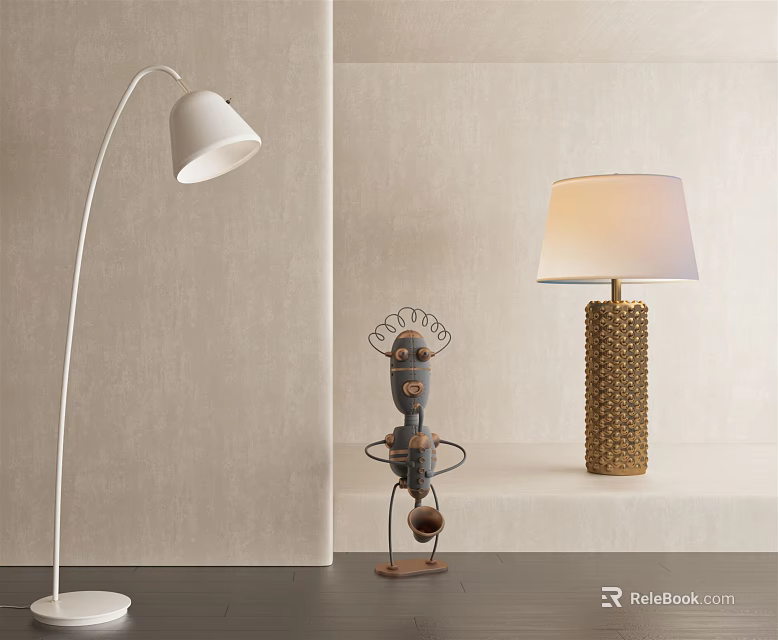 Lighting Combination With White Arched Floor Lamp And Gold Textured Table Lamp In Minimalist Interior 3d model 