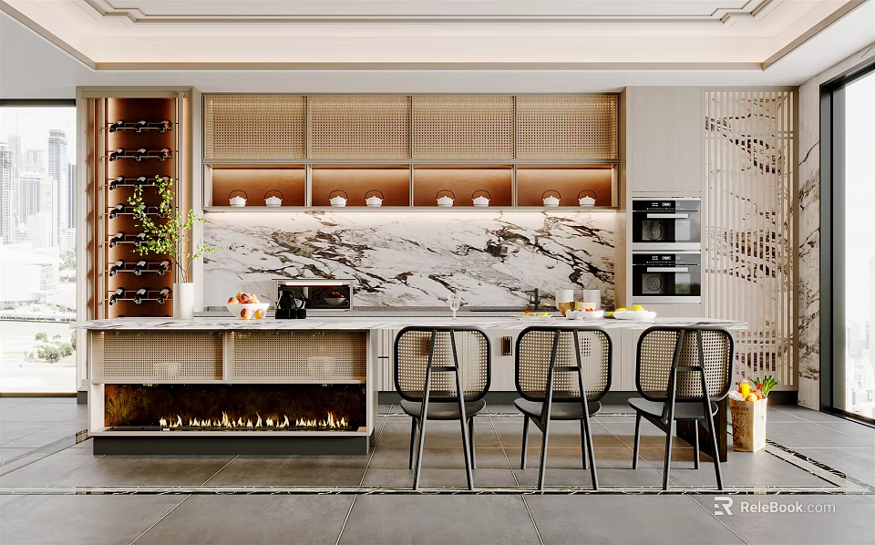 Modern Restaurant Kitchen Interior With Marble Counter Cabinets Wine Rack And Dining Chairs 3d model