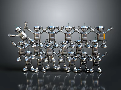 Silver Robots Arranged in Rows with Some Raising Hands on Gray Reflective Background 3d model