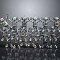 Silver Robots Arranged in Rows with Some Raising Hands on Gray Reflective Background