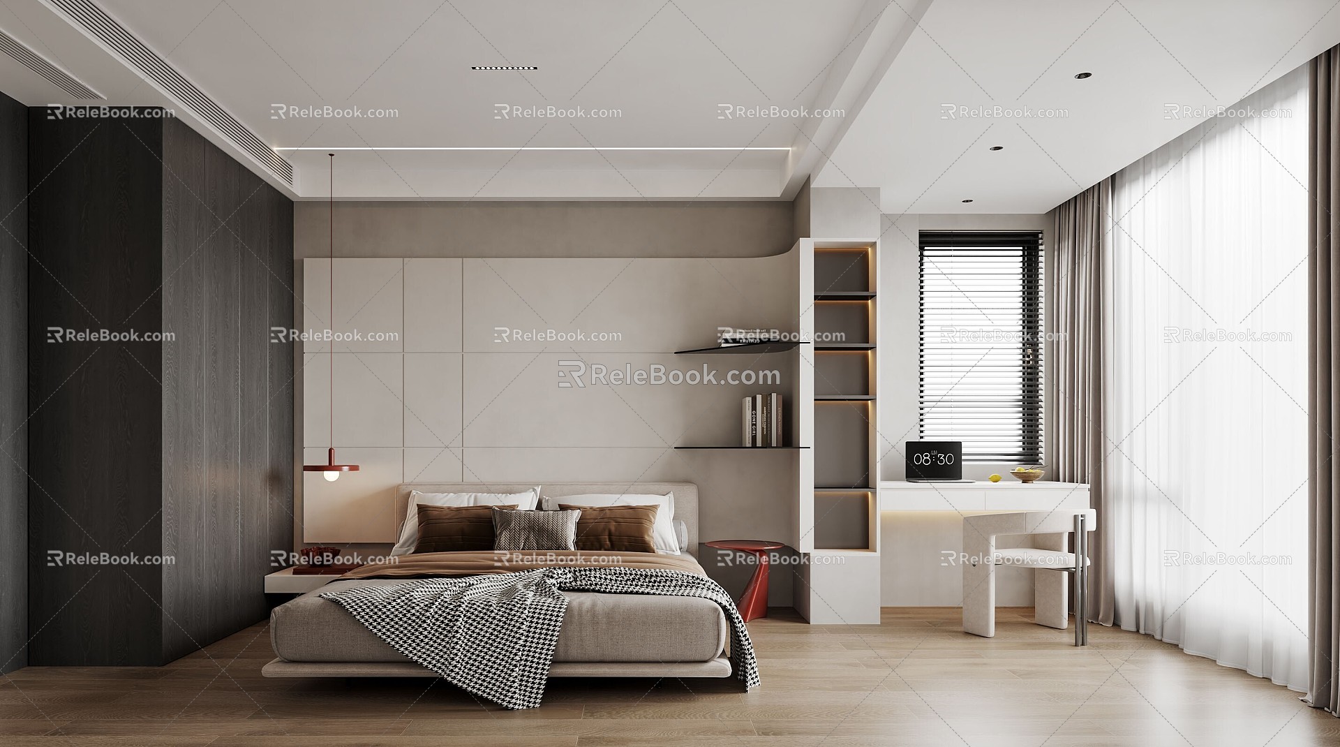 Modern Bedroom Bed Wardrobe Bedside Table Chandelier Dresser Jewelry Ornaments Books Desk Chair 3d model