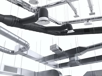 Ceiling Suspended Industrial Pipes Silver and Black Multiple Routes Structural Fittings 3d model