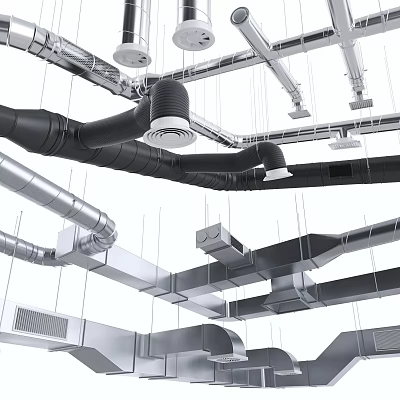 Ceiling Suspended Industrial Pipes Silver and Black Multiple Routes Structural Fittings 3d model