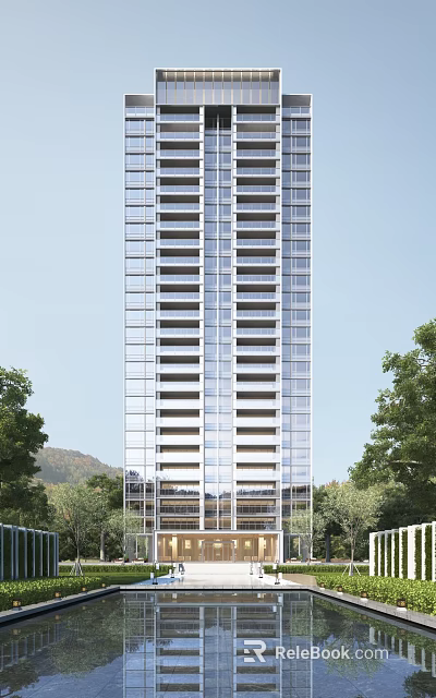 High Rise Residential Building With Glass Windows Surrounded By Trees And Mountain View 3d model 