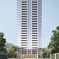 High Rise Residential Building With Glass Windows Surrounded By Trees And Mountain View