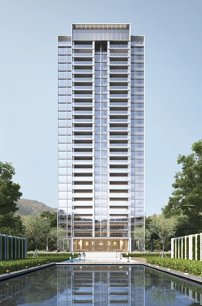 High Rise Residential Building With Glass Windows Surrounded By Trees And Mountain View 3d model