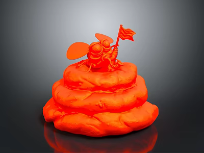 Red 3D Printed Cartoon Fly Model Sitting On Poop Holding Small Flag 3d model