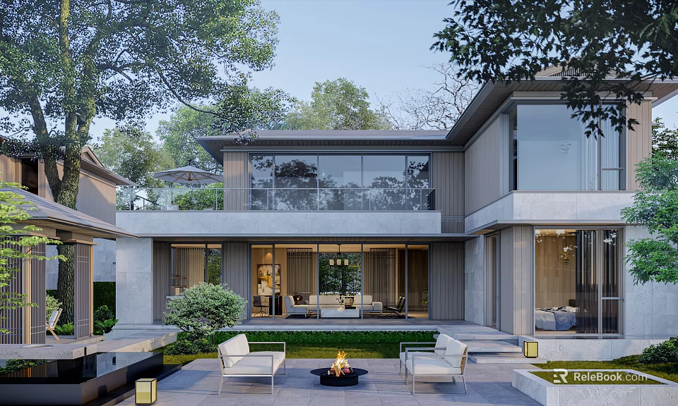 Modern Detached Villa with Large Glass Windows Surrounded by Trees and Outdoor Fire Pit 3d model