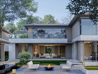 Modern Detached Villa with Large Glass Windows Surrounded by Trees and Outdoor Fire Pit 3d model