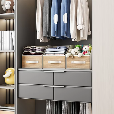 Practical Home Storage With Hanging Clothes Wooden Drawers Gray Cabinet And Plush Toys 3d model