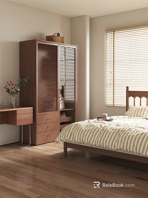 Walnut Wooden Wardrobe Design In Bedroom Interior With Bed Bedside Table Window Blinds And Vase 3d model 
