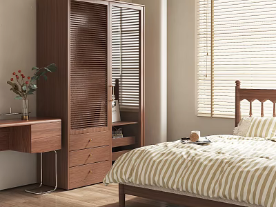 Walnut Wooden Wardrobe Design In Bedroom Interior With Bed Bedside Table Window Blinds And Vase 3d model