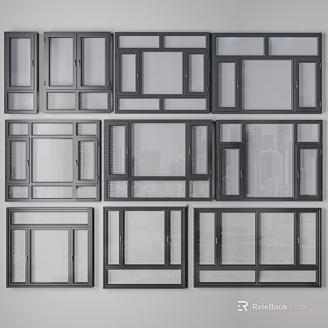Various Black Frame Window Designs With Different Pane Styles Arranged Neatly 3d model
