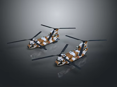 Two Camouflage Helicopters Displayed on Black Background With Distinct Reflection 3d model
