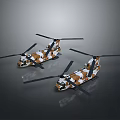 Two Camouflage Helicopters Displayed on Black Background With Distinct Reflection
