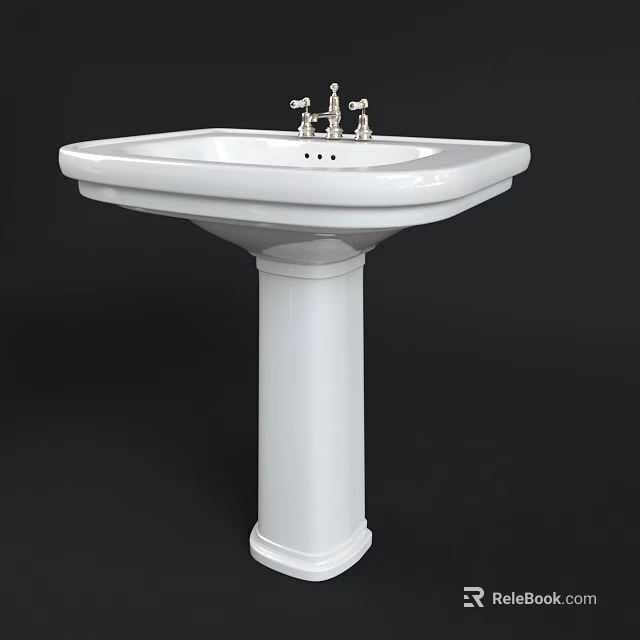 White Pedestal Washbasin with Double Handle Faucets and Simple Ceramic Design 3d model 