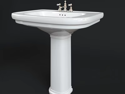 White Pedestal Washbasin with Double Handle Faucets and Simple Ceramic Design 3d model