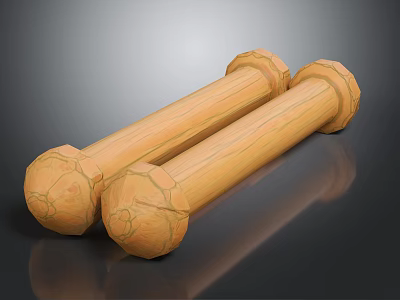 Handcrafted Wooden Dumbbell Shaped Objects With Carved Texture On Smooth Black Surface 3d model