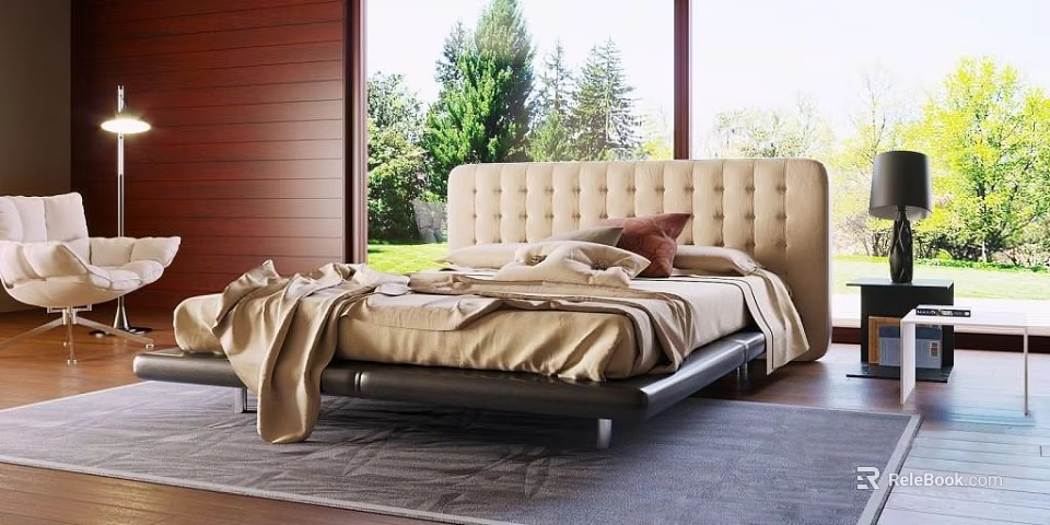 Modern Double Bed With Beige Tufted Headboard Black Frame And Red Throw Pillow 3d model 