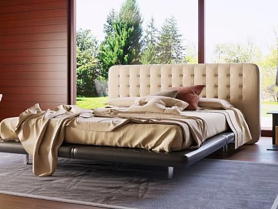 Modern Double Bed With Beige Tufted Headboard Black Frame And Red Throw Pillow 3d model