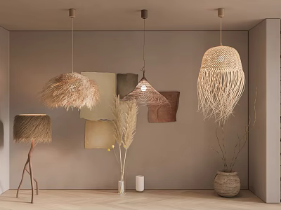 Three Natural Woven Pendant Lights In Modern Minimalist Room With Plant Decor 3d model