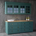 Green Kitchen Interior With Glass Door Cabinets Drawers And Gray Wall