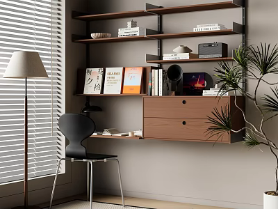 Modern Wall Mounted Wooden Desk With Open Shelves And Drawers For Comfortable Home Study Space 3d model