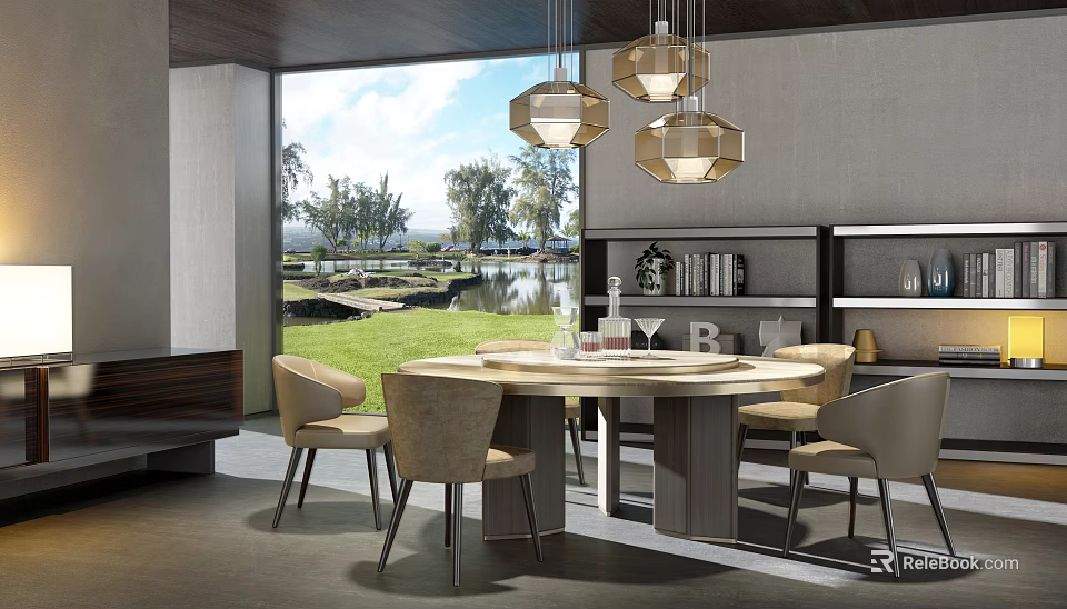 Modern Round Dining Table Set With Chairs Pendant Lights And Scenic View 3d model 