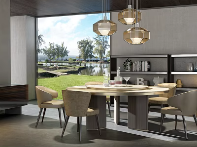 Modern Round Dining Table Set With Chairs Pendant Lights And Scenic View 3d model