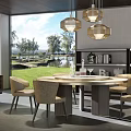 Modern Round Dining Table Set With Chairs Pendant Lights And Scenic View 3d model