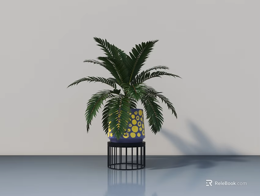 Lush Green Bonsai Potted Plant In Yellow Polka Dot Pot On Black Metal Stand 3d model 