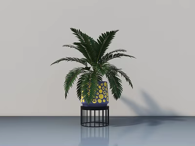 Lush Green Bonsai Potted Plant In Yellow Polka Dot Pot On Black Metal Stand 3d model