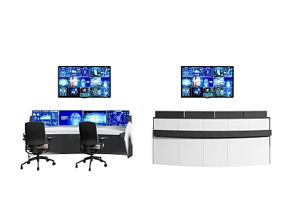 Modern Monitoring Control Console Desk And Chair Set With Multiple Display Screens 3d model