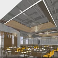 Modern Hotpot Restaurant Interior With Wooden Ceiling Pendant Lights Yellow Chairs And Decorative Wall Art