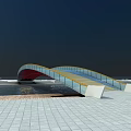 Modern Curved Landscape Bridge With Glass Deck Over Water And Paved Ground