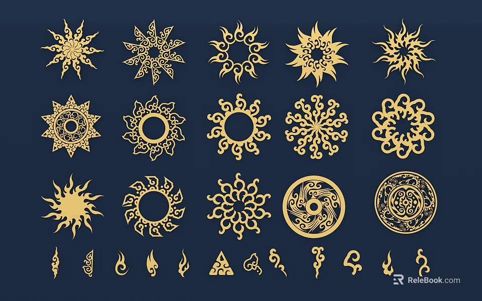 Golden Various Intricate Circular Wall Decor with Sunflower Snowflake Patterns and Small Decorative Elements 3d model