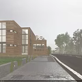 Modern Post Station Building With Wooden Exterior Glass Walls Along Roadside Street Lights And Greenery