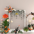 Elegant Floral Display With White Frame Yellow Welcome Sign Green Vines And Orange White Flowers