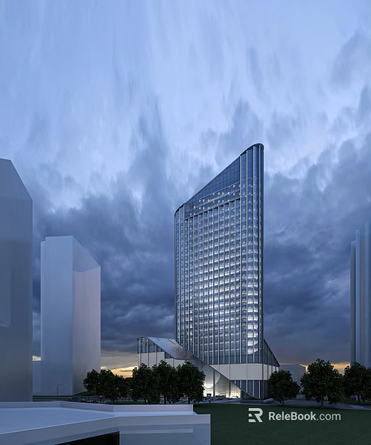 Modern High Rise Residential Building With Glass Curtain Wall And Cloudy Urban Sky 3d model 