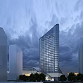 Modern High Rise Residential Building With Glass Curtain Wall And Cloudy Urban Sky