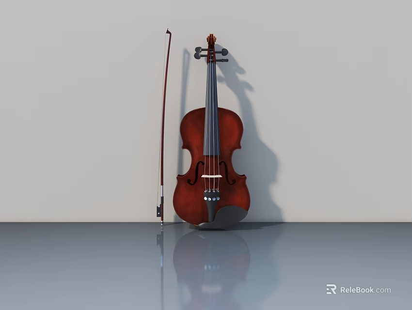 Classic Violin And Bow Displayed On Gray Surface With Light Colored Wall And Reflection 3d model 