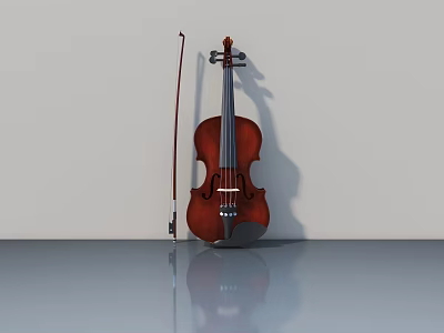 Classic Violin And Bow Displayed On Gray Surface With Light Colored Wall And Reflection 3d model