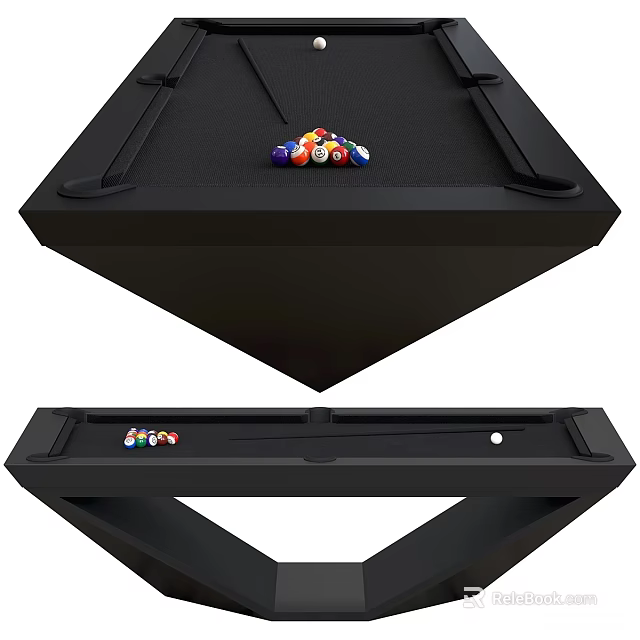 Billiard Room Interior Featuring Black Pool Table Colorful Billiard Balls And Cue Stick Setup 3d model 